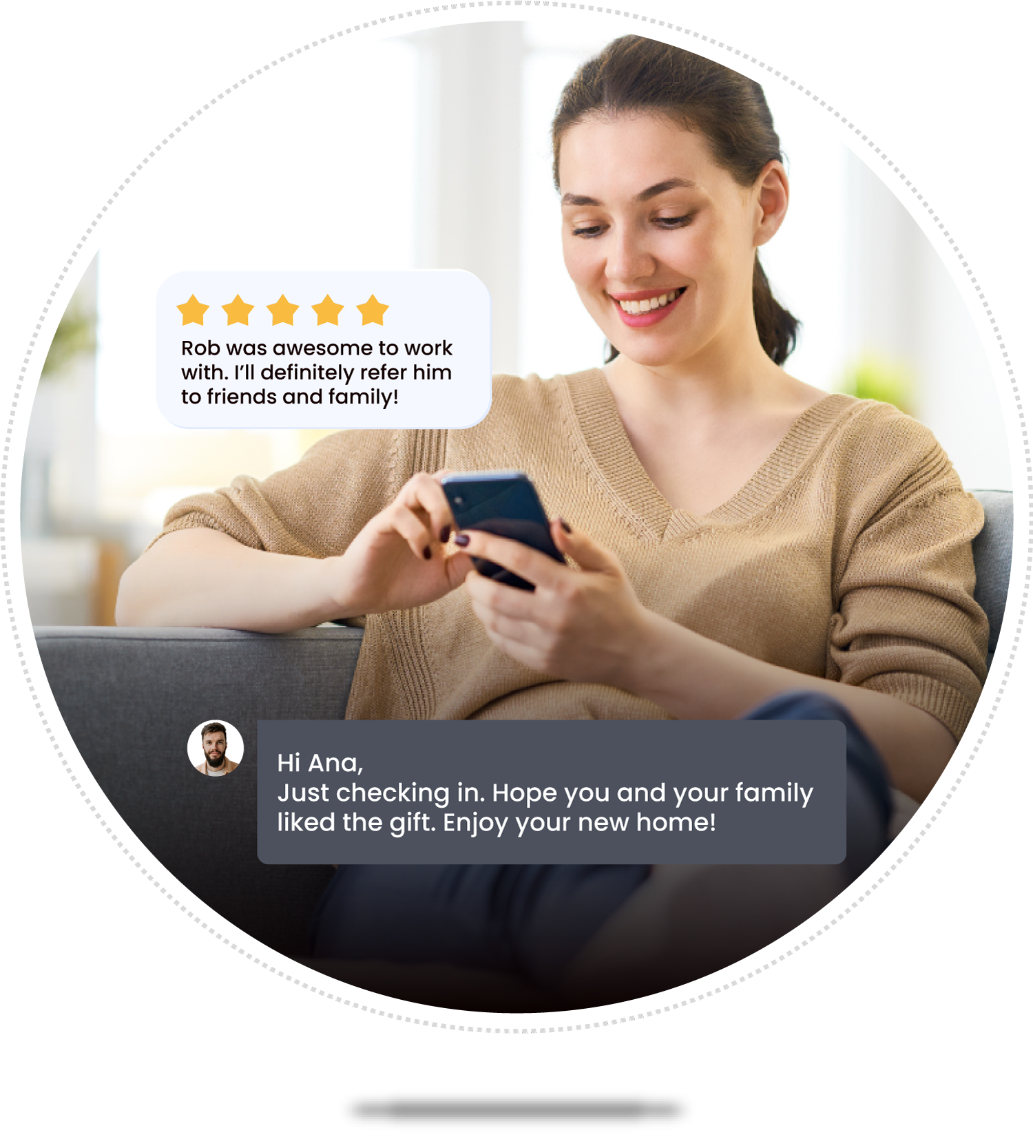 Woman smiling at phone while interacting with a gifting concierge chatbot