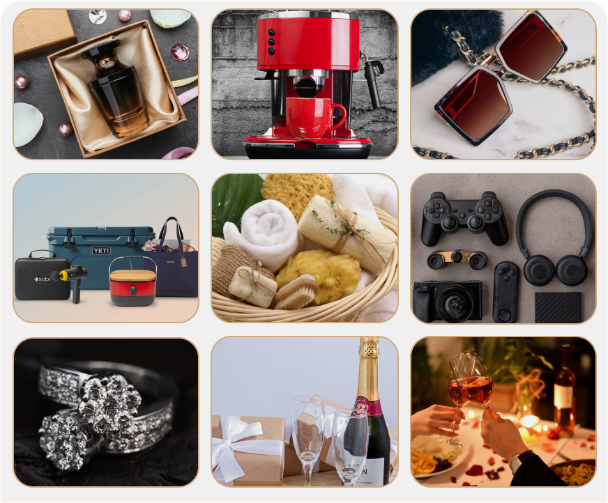 Collage of premium gift items including jewelry, tech, champagne, and spa kits
